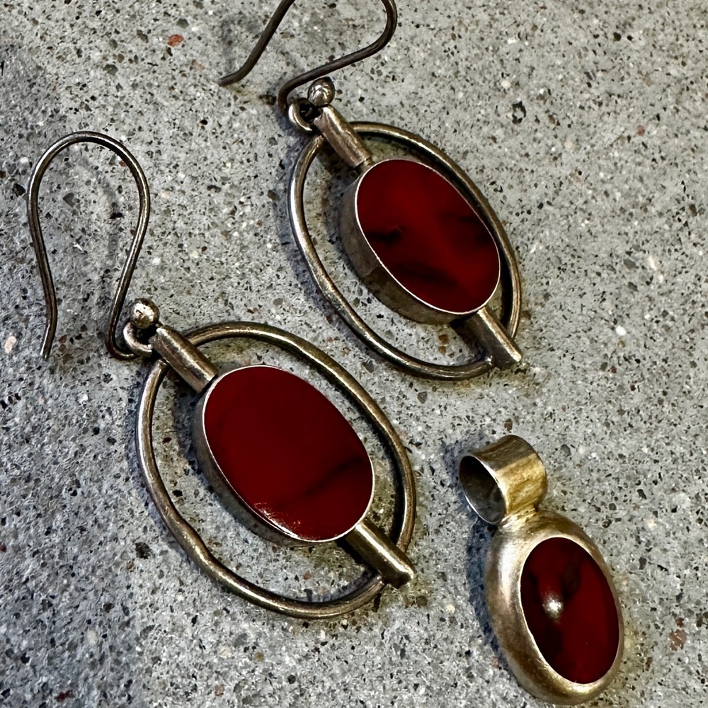 925, Red Jasper, MOP, Opal, Earrings and Pendant Set - Unbranded - Picture 3 of 8